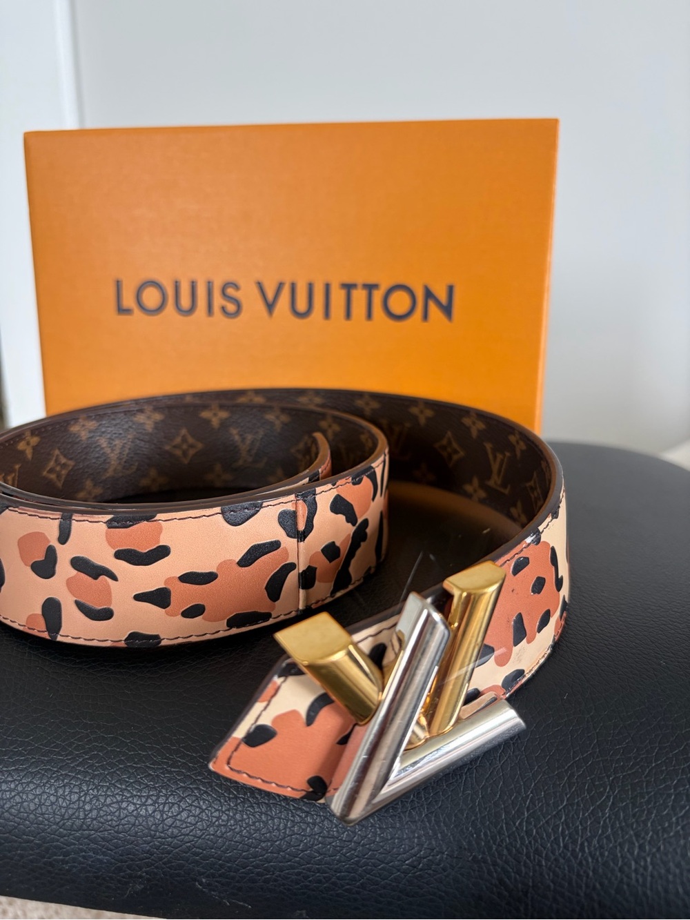 Louis Vuitton Leopard Print Reversible Belt with Gold/Silver LV Buckle